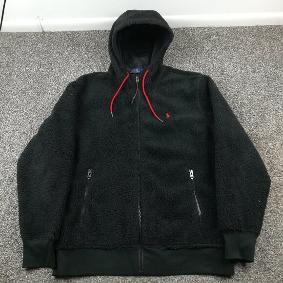 Polo Ralph Lauren Jacket Sherpa Fleece Hooded Retro Pile Black Mens Large - Picture 1 of 8